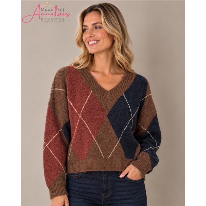 Blue Seven trui vhals wieber 248148 Bruin Marine Rood